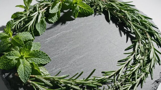 Fresh Mint And Rosemary Wreath On Dark Plate Moving Presentation For Kitchen Decoration