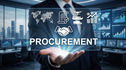 Procurement technology in global business,modern digital supply chain platform with icons of contract,shipping,currency and logistics