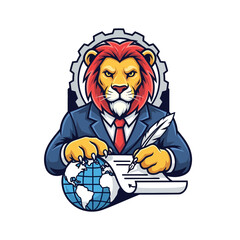 Fierce Lion Boss Mascot in Suit Signing Document with Quill, Paw on Globe, Representing Global Business and Industry.