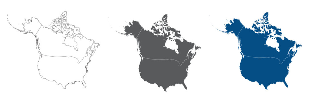 USA and Canada Line Map Bundle in White Blue and Grey Color Options. America and Canada map.