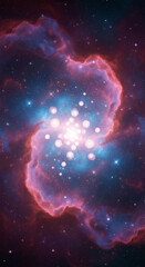 Vertical shot of pink, blue and purple nebula with distant stars and luminous spheres, conveying boundless universe and cosmic mystery exploration