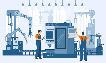 Industrial technicians diagnosing and servicing a CNC machine. Factory maintenance and industrial automation concept.