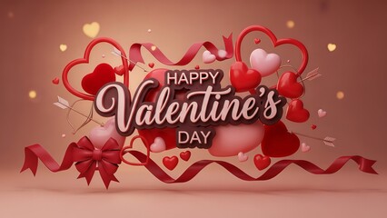 Naklejka premium Happy valentines day greeting with red hearts and ribbons