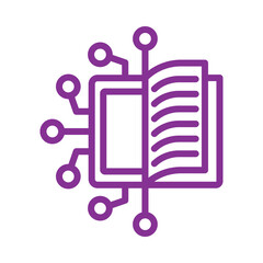 Purple circuit board icon with book design isolated on transparent background