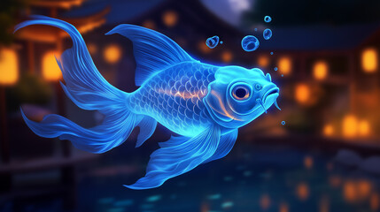 Glowing blue goldfish swimming in serene Asian inspired night scene