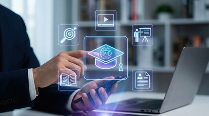 Hand holding smartphone with AI education icons,modern online learning,artificial intelligence training,smart education technology,remote learning or e-learning concept