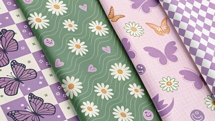 Y2k Seamless Patterns Featuring Butterflies, Daisies, and Waves
