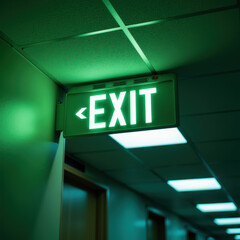Fototapeta premium Bright green exit sign illuminates hallway, guiding way to safety. atmosphere feels calm and secure, emphasizing importance of clear navigation