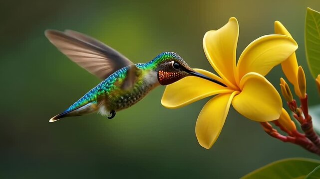 A vibrant hummingbird hovers near a bright yellow flower, sipping nectar in a lush, green environment, captured in stunning video footage with a shallow depth of field.