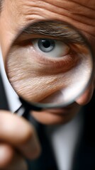 Business documentation examining detail: man with magnifier inspecting document, auditor analyzes page, professional research on paper, researcher investigates information, concept of control