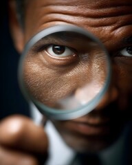 Business documentation inspecting: man examines document with magnifier, exploring text, detailed analysis, auditor checks paper, professional research, information inspection, investigate data sheet