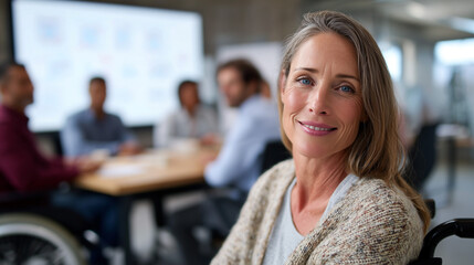 A confident and cheerful woman, dressed in casual attire, smiles while engaged in a collaborative office environment