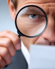 Business documentation inspecting with magnifier by man examining detail in paper sheet; research concept of auditor analyzing text for inspection, analysis, and investigation of information datum.