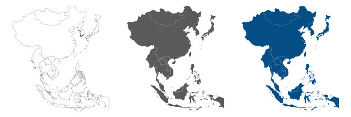 Asia Continent Line Map Set with White Blue and Grey Color Variations © Supatra