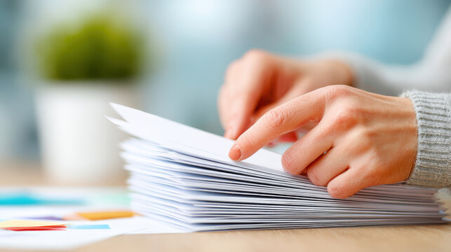 Hands sorting stack of envelopes on desk digital business deal paperwork organized calm office