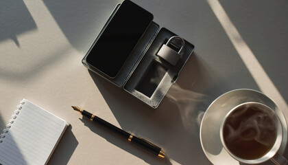 Clean desk flat lay features phone inside plastic lock box to limit screen time next to notebook pen and coffee cup implying disciplined focus and calm productivity without distraction