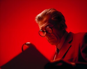 Business documentation inspecting detail: man examining document with magnifier, look at paper, auditor research, analysis of text, professional control, concept of investigation, canvasses