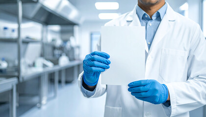 Scientist in lab coat holding document in laboratory environment from close-up viewpoint.