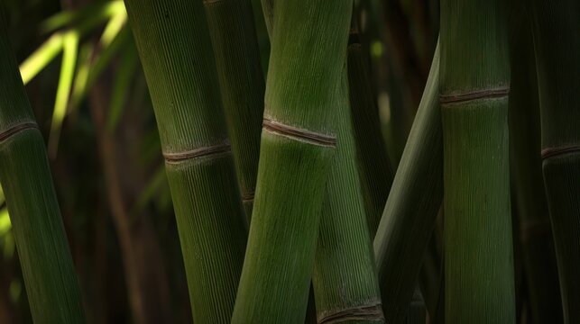 Close-up of green bamboo stalks with natural light, showcasing growth and texture
