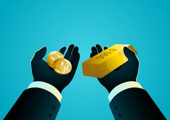 Illustration depicting a financial comparison between Bitcoin cryptocurrency and gold held in human hands, symbol of investment choice, asset allocation, and store of value