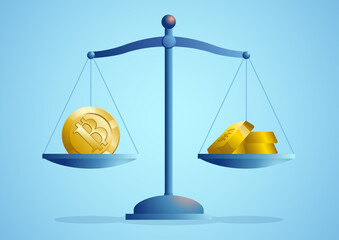Conceptual illustration showing Bitcoin and gold bars balanced on a scale, comparison between cryptocurrency and gold as safe-haven assets.