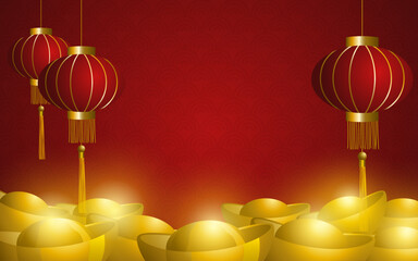 Lunar New Year Wealth and Prosperity Concept. Chinese New Year background featuring traditional red lanterns hanging above and golden ingots symbolizing wealth, prosperity, and good fortune.