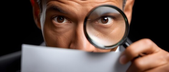 Business documentation inspecting sheet with magnifier as man examines paper detail; auditor checks text, explores information; professional researcher investigates data, control concept, metaphor