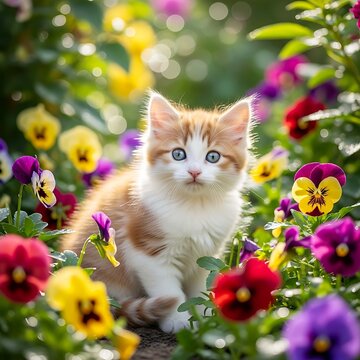 Adorable fluffy kitten sitting amongst colorful flowers