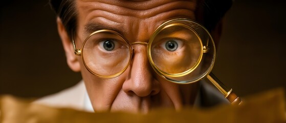 Business documentation inspecting: Man examines document with magnifier, exploring text, analysis of paper, auditor checks detail, professional researcher investigates datum, concept of information