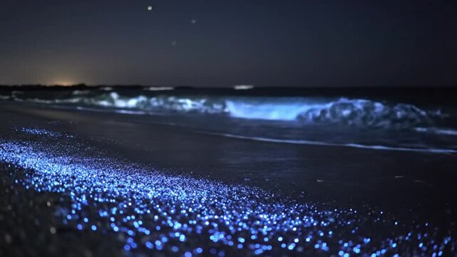 Bioluminescent Waves on Beach at Night, Glowing Plankton Sparkles in Ocean Surf
