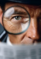 Business documentation inspecting magnifier; detail analysis by man examining text, auditor check concept; professional researcher investigates pages, paper sheets, datum control; metaphorical look.