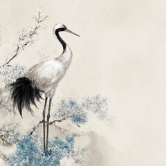 Obraz premium Illustration of an elegant crane on a branch with blue flowers and an ivory background