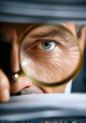 Business documentation examining: man investigate paper, inspect text, explore detail with magnifier; auditor's inspection, professional analysis, research concept, control datum, sheet composition