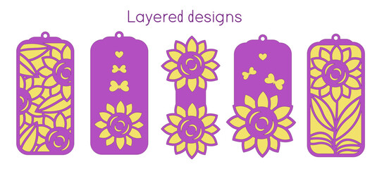 Set og 5 boormarks with sunflowers, Layered flowers gift tag, Label svg for cutting