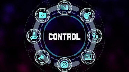 Centralized control system and automation management concept. User interacting with virtual display dashboard and system icons.