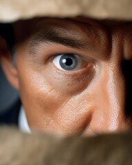 Business documentation inspecting with magnifier: professional man examines, analyzes, and investigates paper sheet; auditor checks text, explores details, inspects data for research and control