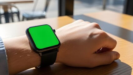 Hand wearing a smartwatch with a green screen display on a wooden table in a cafe. Minimalist lifestyle mockup for daily productivity apps, social media, and modern wearable tech ads.