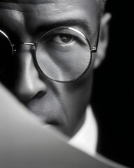 Business documentation inspecting document with magnifier: man examines page detail, research auditor checks text, professional investigates paper, people explore information, control concept