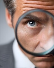 Business documentation inspecting with magnifier: man examines detail, explores text, auditor checks composition, concept of control, datum analysis, research, investigation, professional inspection