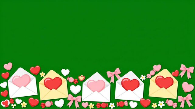 Green screen border with charming valentine's day envelopes and hearts for romantic video projects
