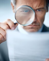 Business documentation inspecting with magnifier: man examines document and paper in detail, auditor checks and researches text, professional investigates and controls information with magnifying