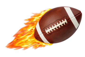 American football soaring through flames in a dynamic motion against a transparent background