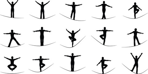 Large collection of black silhouettes featuring various tightrope walkers and slackliners performing balance acts and circus stunts for extreme sports and acrobatic performance concepts