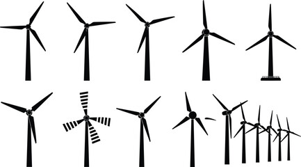 Large collection of black wind turbine silhouettes set with various modern and classic windmill designs for sustainable green energy and renewable power  © MSTNASRIN