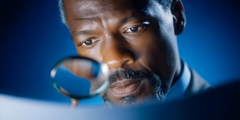 Business documentation inspecting detail: man investigates, examines, explores, analyzes document text with magnifying glass; auditor checks paper, sheet, page; professional research, inspection