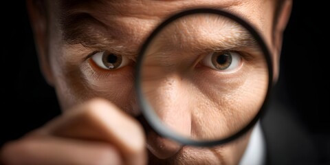 Business documentation examining detail: man inspects text with magnifier, auditor checks data, researcher investigates page, paper concept; professional explores information, business analysis