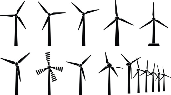 Large collection of black wind turbine silhouettes set with various modern and classic windmill designs for sustainable green energy and renewable power 