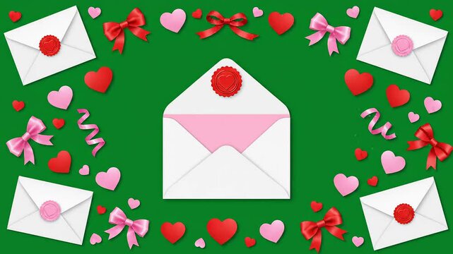 Green screen valentine objects including hearts, envelopes, and bows for romantic messages.