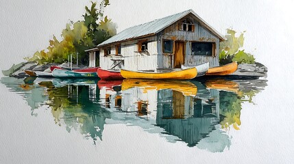 Watercolor painting of boathouse with canoes on lake