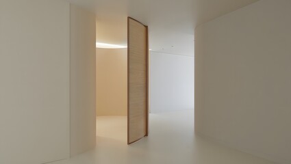 Minimalist room with wooden door and white walls